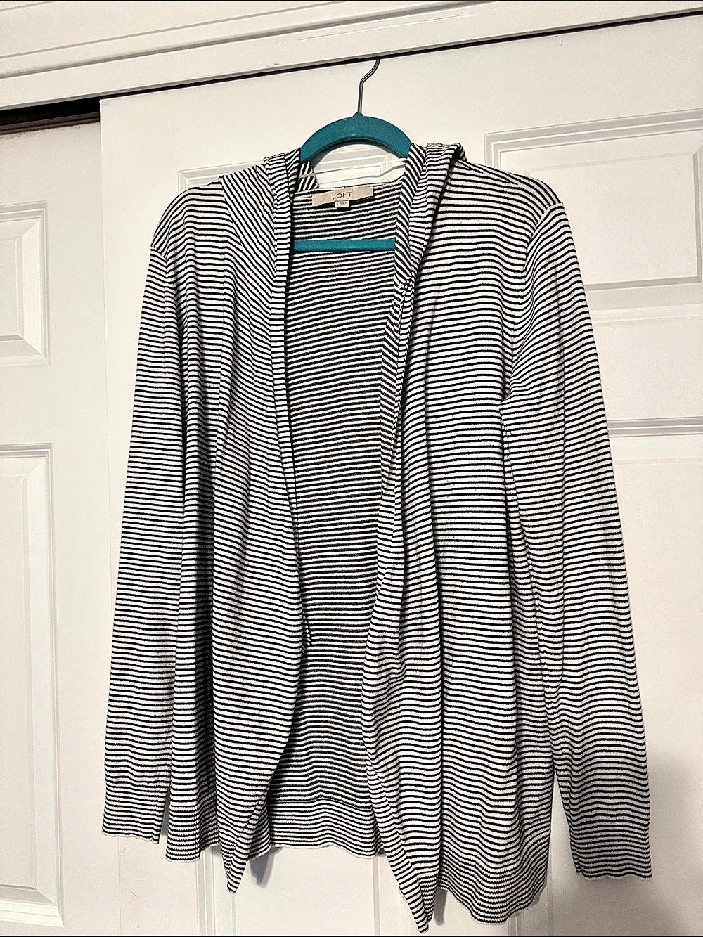 LOFT Striped Hooded Open Cardigan Black & White Large
